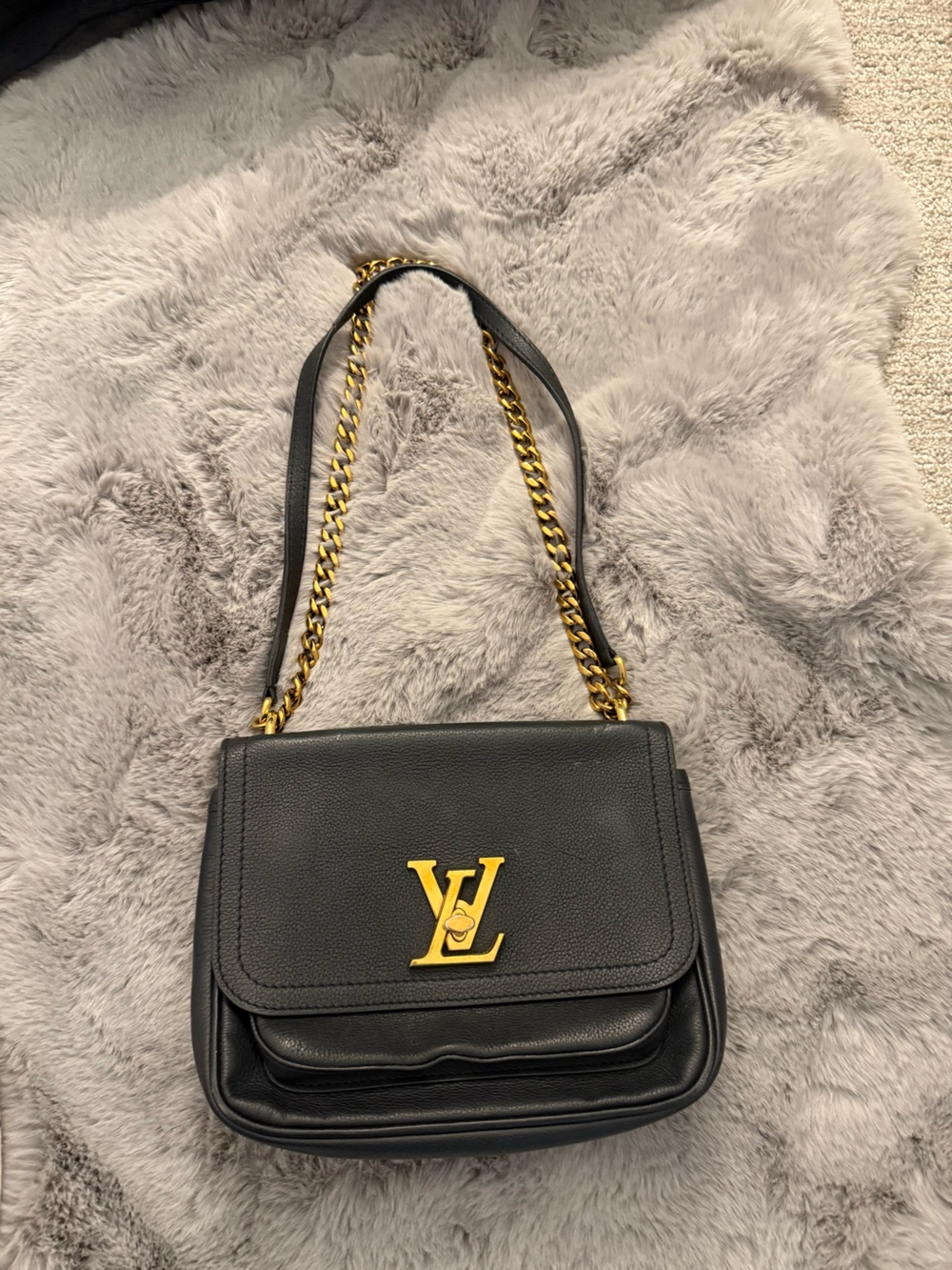 Louis Vuitton Black Leather Shoulder Bag with Gold Hardware Lock me